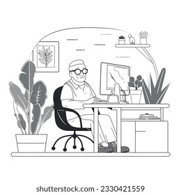 Grandpa is sitting at the computer. Teaching older people technology. Organization of the workspace. Freelance. Modern technologies. Logo. Vector graphics. Black and white colors.