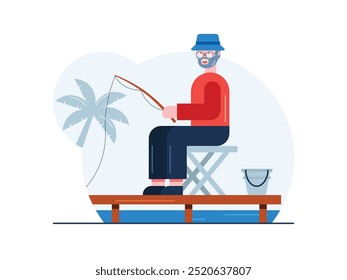 Grandpa is sitting fishing with a bucket, spending time for hobby. Character design. Vector flat illustration