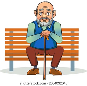 Grandpa is sitting on a bench. He has a cane in his hands
