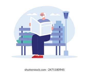 Grandpa was sitting on a park bench wearing glasses, reading the newspaper alone. Character design. Vector flat illustration