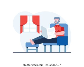 El abuelo está sentado relajándose mientras lee un periódico en la sala de estar de la casa. Diseño de personajes. Ilustración plana de Vector