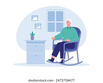 Grandpa sitting in the room alone in a rocking chair, old life in a nursing home. Character design. Vector flat illustration