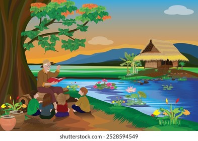 Grandpa is sitting under a big tree by the pond telling stories to the children.vector design