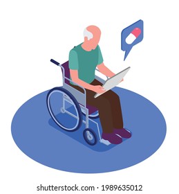 Grandpa sitting in a wheelchair examines a tablet with health care recommendations isometric vector illustration