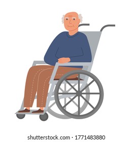 Grandpa sitting in wheelchair. Retired elderly senior age man disabled assisted living or at nursing home. Flat vector illustration on white background.