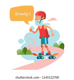 Grandpa is skateboarding. The pensioner leads a healthy lifestyle and sports. Vector illustration.