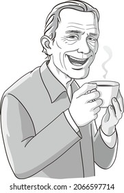 Grandpa smiling happily. cartoon grandpa holding a cup of hot drink. happy grandpa. vector illustration isolated on a white background