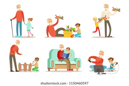 Grandpa spending time with grandchild set, grandfathers playing, walking, reading books and having fun with their grandchildren vector Illustrations on a white background