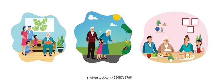 O vovô passa tempo com netos e pais jovens em casa. Avós passando tempo com neta ao ar livre. Avós passando tempo com parentes.