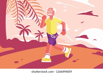Grandpa at sports suit running at seaside. Cartoon grandfather wearing in shorts and shirt runs at palms and sunset background vector illustration. Healthy lifestyle and healthcare flat concept