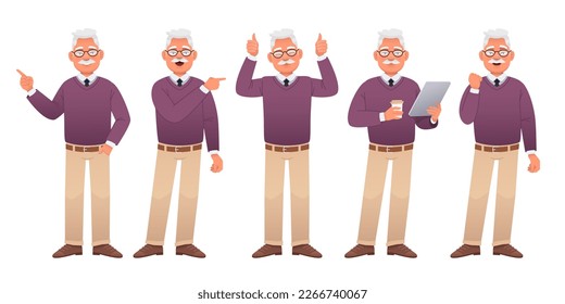 Grandpa is standing with a tablet and a glass of coffee in his hands, pointing at something, a gesture of approval. An elderly man in full-length character set. An old white man with glasses