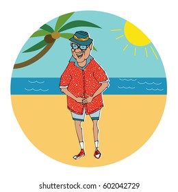 grandpa in summer color shirt on the beach.happy retirement.old man.hand drawn illustration