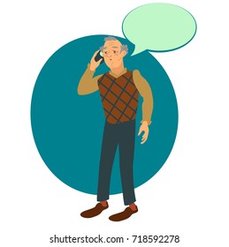  Grandpa is talking on the phone. Dialog window. Funny character for animation