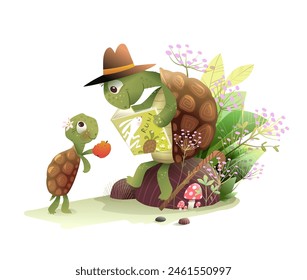 Grandpa Tortoise reading book to a turtle granddaughter in forest. Tortoise animals study and teach in forest landscape. Kids illustration for story or fairytale. Vector cartoon drawing for children.