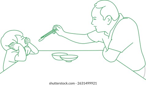 grandpa trying to feed a tomato slice to his grandson
