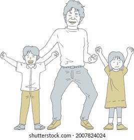 Grandpa and two grandchildren rejoice