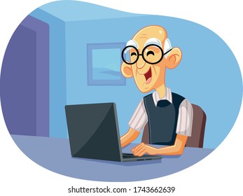 Grandpa Using Laptop Vector Cartoon Illustration. Funny senior man leaning new technology shopping online
