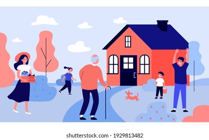 Grandpa visiting children and grandkids. Kids and young couple welcoming old man at house. Flat vector illustration. Family, generation concept for banner, website design or landing web page