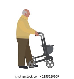 Grandpa and walker. Old man walking with rollator. Vector illustration