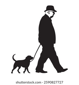 A grandpa walking with a dog silhouette vector illustration	