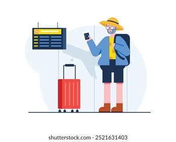 Grandpa wearing hat carrying bag and suitcase at airport, want holiday in old age. Character design. Vector flat illustration