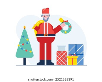 Grandpa wearing santaclaus clothes with decorations and gifts at Christmas, giving surpise to grandchildren. Character design. Vector flat illustration