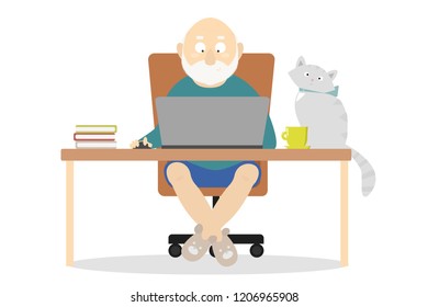 grandpa is working on a computer sitting at a desk with a cat on a white background