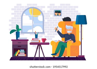 Grandpa writing in notebook with pencil vector. Grandfather sitting in armchair and write in book with pen, make notation or remark. Character leisure time with textbook flat cartoon illustration