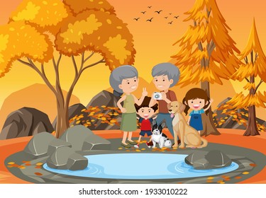 Grandparent and children at the park illustration