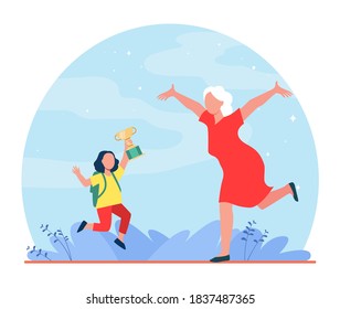 Grandparent congratulating grandchild with victory in contest. Emotions, cup. Flat vector illustration. Contest concept can be used for presentations, banner, website design, landing web page