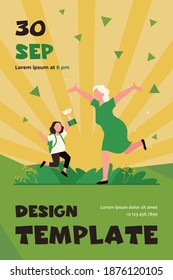 Grandparent congratulating grandchild with victory in contest. Emotions, cup. Flat vector illustration. Contest concept can be used for presentations, banner, website design, landing web page