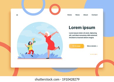 Grandparent congratulating grandchild with victory in contest. Emotions, cup. Flat vector illustration. Contest concept can be used for presentations, banner, website design, landing web page