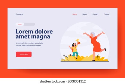 Grandparent congratulating grandchild with victory in contest. Emotions, cup. Flat vector illustration. Contest concept can be used for presentations, banner, website design, landing web page