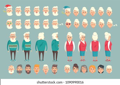 Grandparent construction constructor animated characters set with emoticons of grandfather and grandmother, elderly people profile, back view, vector