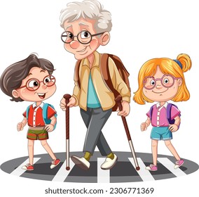 Grandparent crossing the road with student illustration