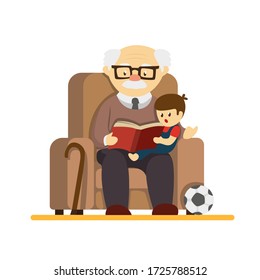 Grandparent day, granpa sit in sofa and reading story book to grandchildren. in cartoon flat illustration vector isolated in white background