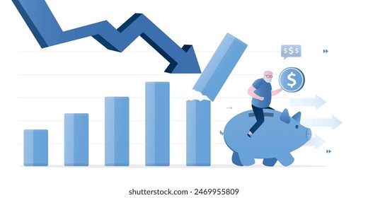 Grandparent or elderly investor sitting on piggy bank ride away from collapsing graph. Economic recession from high inflation, stock market crash, crisis or depression. Retirement savings loss. Vector