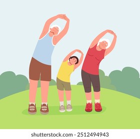 Grandparent and grandchild are exercising in the park.