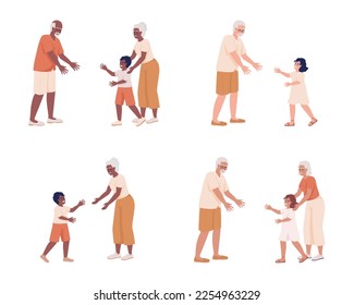 Grandparent grandchild relationship semi flat color vector characters set. Editable figures. Full body people on white. Simple cartoon style illustration pack for web graphic design and animation