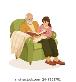 Grandparent and grandchild sitting on a chair, reading a book together, digital illustration on a plain background, concept of family bonding. Vector illustration