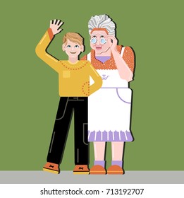 Grandparent  and grandson standing together. Little boy standing on granny shoulders. Grandma embracing grand son. Generations & family love and  happiness . Flat style vector illustration. 