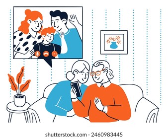 Grandparent having online call with relatives vector illustration
