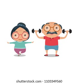 Grandparent, Old senior man and woman the condition of being physically fit and healthy. They are standing exercise for health together isolated on white background. vector and illustration.