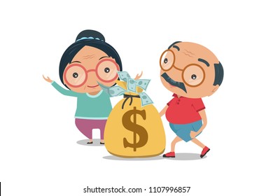 Grandparent, Old senior man and woman happy retirement get rich in flat style isolated on white background, vector and illustration.