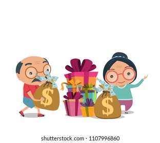 Grandparent, Old senior man and woman happy retirement get rich in flat style isolated on white background, vector and illustration.