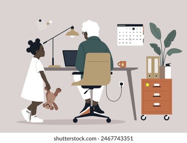 A grandparent sits at a desk in a home office, working on a computer as a child stands nearby holding a teddy bear, The room is organized with a calendar on the wall and potted plant