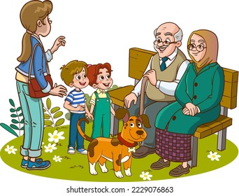 grandparent sitting on bench and grandchild cartoon vector 