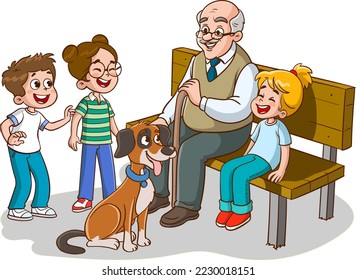 grandparent sitting on bench and grandchild cartoon vector 