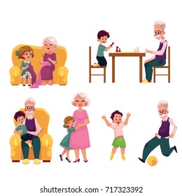Grandparent spending time with grandchildren - playing chess and football, knitting, reading, hugging, cartoon vector illustration isolated on white background. Grandparent and grandchildren