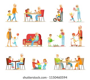 Grandparent spending time with grandchildren set, grandma and grandpa playing, walking, reading books, having dinner with grandchildren vector Illustrations on a white background